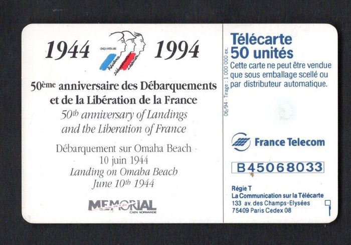 1994 France 50 unit 50th Anniversary of Landings at the Liberation of France showing Omaha beach (Gemplus) Call card