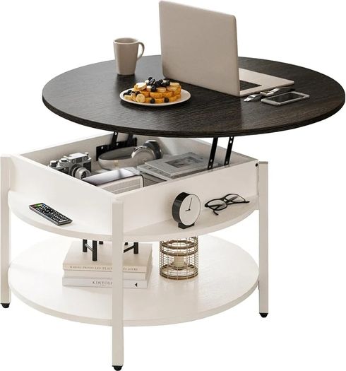 Round Lift Top Coffee Table with Storage and Hidden Compartment, 68cm Farmhouse Coffee Tables for Living Room Reception Room, 2 Tier Small Round Center Table Circle Dining Table, White