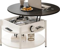 Round Lift Top Coffee Table with Storage and Hidden Compartment, 68cm Farmhouse Coffee Tables for Living Room Reception Room, 2 Tier Small Round Center Table Circle Dining Table, White