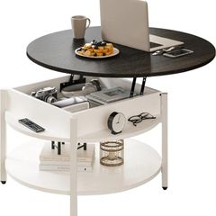 Round Lift Top Coffee Table with Storage and Hidden Compartment, 68cm Farmhouse Coffee Tables for Living Room Reception Room, 2 Tier Small Round Center Table Circle Dining Table, White