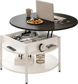Round Lift Top Coffee Table with Storage and Hidden Compartment, 68cm Farmhouse Coffee Tables for Living Room Reception Room, 2 Tier Small Round Center Table Circle Dining Table, White
