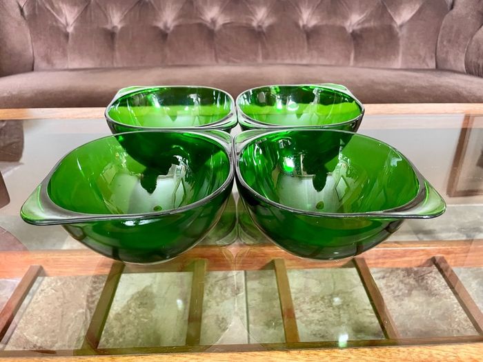4 Stylish Vintage Vereco France Forest Green Clear Bowls with Tab Handles 1960 70s
