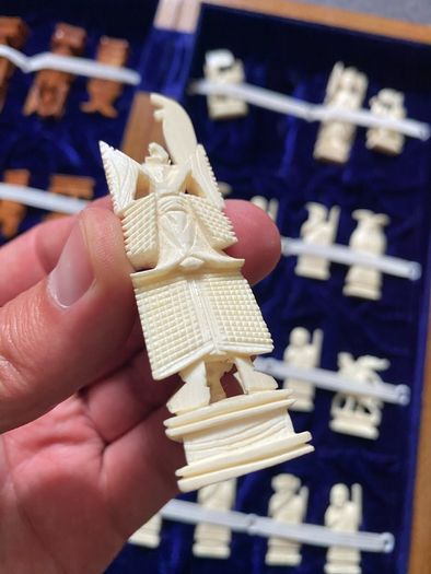 Vintage Chinese Bone Hand Carved Ivory Chess Set Hong Kong 1960s
