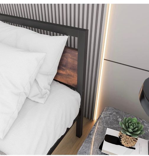 King Size Bed Frame with Wood Headboard,Heavy Duty Metal Platform Bed Frame King Size with Storage No Box Spring Needed,Mattress Base/Strong Steel Slats Support/Noise-Free