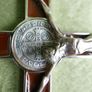 Vintage Religious Large metal and brown enamel Cross Christus Corpus Crucifix INRI and St Benedict charm, St Benedictus Cross pendant charm Image 9