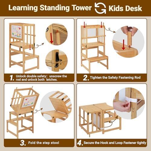 3-In-1 Toddler Kitchen Stool Helper  Convertible Standing Tower With Whiteboard for Kids Childrens Bathroom Kitchen Counter Helper Mothers' Helper Tower Learning Stool (Natural)