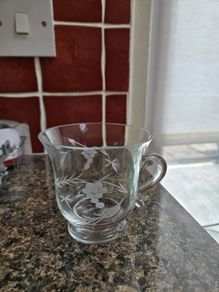 Vintage Duiske Glass  Hand Cut 3 Handled Cups with  Grape and Vine Pattern