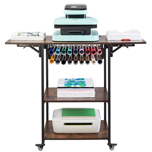 Heat Press Table 3Tier Movable Heat Press Stand Foldable with Wheels Brown