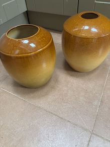 Buy 1 get 1 FREE - A Large Glazed Vintage Earthenware Mustard ( 2 tone ) Vase and 1 similar one Free