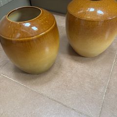Buy 1 get 1 FREE - A Large Glazed Vintage Earthenware Mustard ( 2 tone ) Vase and 1 similar one Free