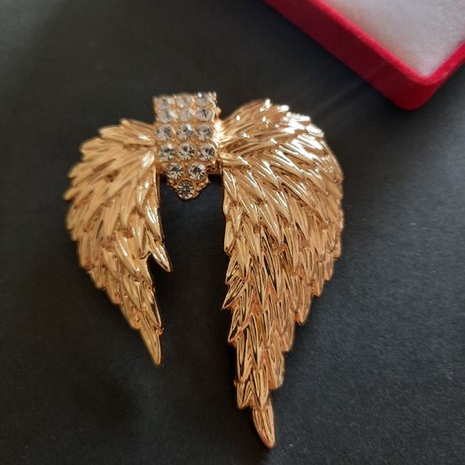 Gold Tone Angel Wing Brooch with Sparkling Crystals Large Guardian Angel Pin Badge Statement Broach