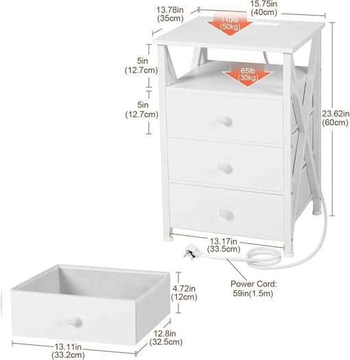 Bedside Table Set of 2 with Charging Station, Side Table with Led Lights, Bedside Cabinet with 3 Fabric Storage Drawers, End Table, Sofa Side Table, Nightstand for Living Room