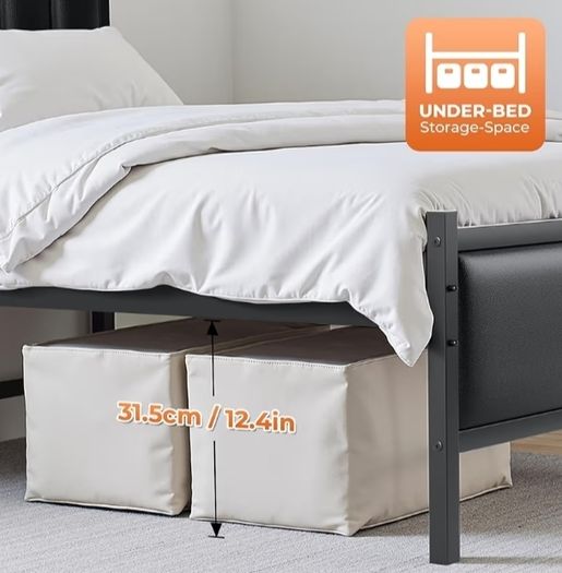 Single Bed Frame with Upholstered Headboard, 3ft Metal Beds with Sturdy Steel Slats Support Platform, Black Single Bed with Storage, Noise Free, Easy Assembly, No Box Spring Needed