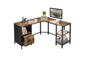 L-shaped computer desk vintage brown-black desk, L-shaped computer desk, office table with cabinet and hanging registry, 2 shelves, home office, space-saving, easy assembly, industrial design, vintage brown-black