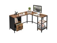 main image for ad L-shaped computer desk vintage brown-black desk, L-shaped computer desk, office table with cabinet and hanging registry, 2 shelves, home office, space-saving, easy assembly, industrial design, vintage brown-black