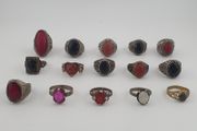 Antique Boho Jewellery 15 Mixed Brass Stone &amp; Glass Rings