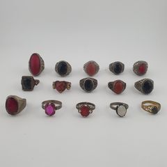 Antique Boho Jewellery 15 Mixed Brass Stone & Glass Rings
