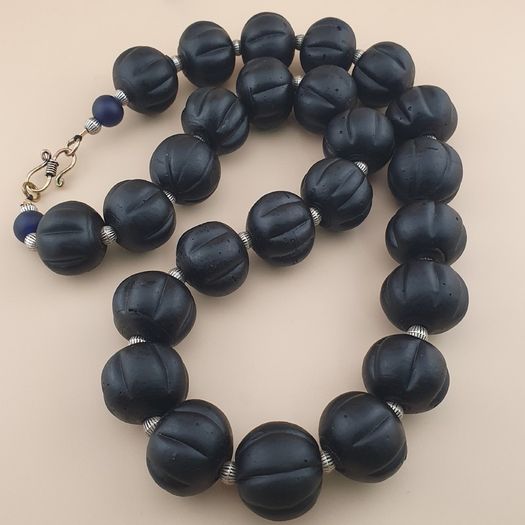 Antique African Style Dark Black Melon Shape Glass Beads Necklace
