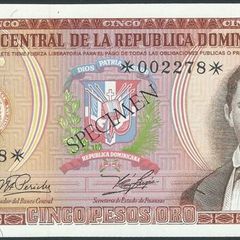 Dominicana | SPECIMEN | 5 Pesos Oro | 1978 | P.118as | UNC