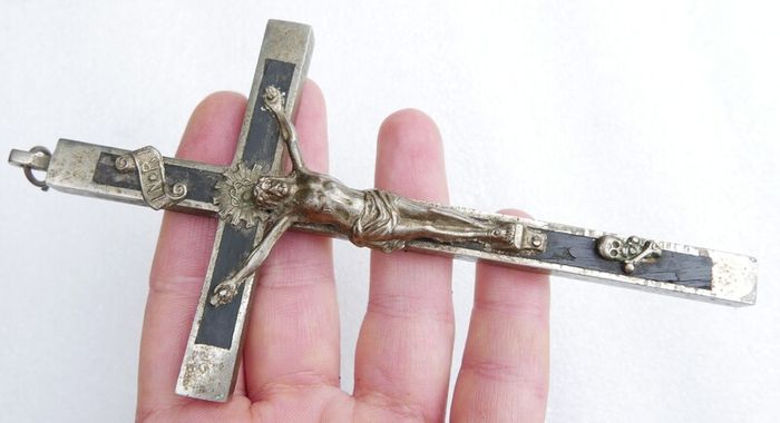Antique Large Golgotha Crucifix Cross 6.5" Metal Ebony Wood German Skull Bones