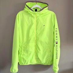 Tommy Hilfiger Neon Lime Hooded Windbreaker Jacket NWT Logo Sleeve Lightweight Coat
