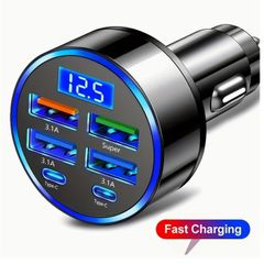 6 in one Ultra-fast Mobile Phone Charger, Intelligent Voltage Detection Digital Display, Suitable for USB and Type-C, Car Charger Adapter, Car Charger
