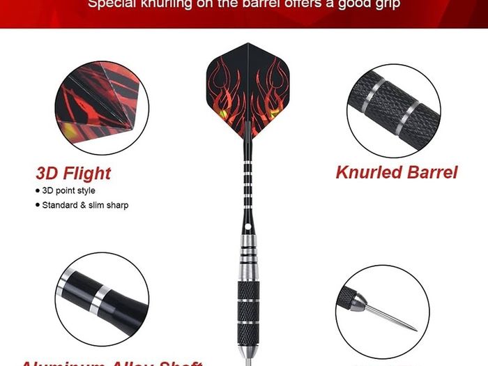 Steel Darts Set, Professional 23g Darts Tip with Non-Slip Stainless Steel Shaft, Poly Flights, PVC Shafts, Dart Sharpener, Rubber Rings, Flight Protecter, with Gift Box