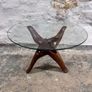Mid-century Modern Accent Table Carved From Solid Teak With Interlocking Legs & Glass Top Image 2
