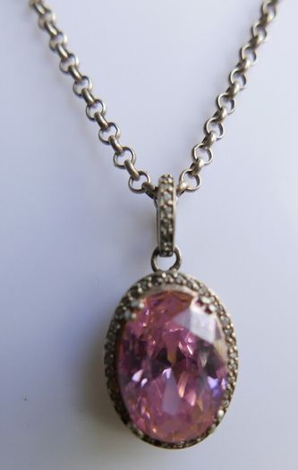 Vintage Sterling Silver 925 PINK OVAL CRYSTAL PENDANT NECKLACE Pea Chain traditional necklace length 20" - 14,8g