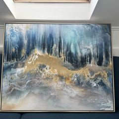Large Abstract Wall Art 100x80 cm Blue, Gold & Neutral Tones