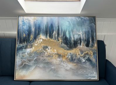 Large Abstract Wall Art 100x80 cm Blue, Gold & Neutral Tones