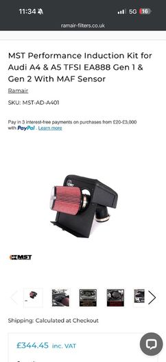 MST Performance Induction Kit for Audi A4 & A5 TFSI EA888 Gen 1 & Gen 2 with MAF Sensor.