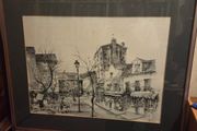 Vintage large French Etching of Paris Street framed