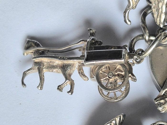 Vintage Irish Sterling Silver 14pc Charm Bracelet, Thomas O'Connor Charm Maker. Inc 1942 Pre Decimal Threepence, Dated Heart Padlock, Dublin Hallmarked