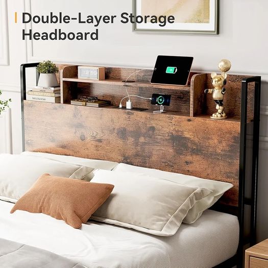 4ft6 Double Bed Frame with Storage Wooden Headboard, LED Light & Charging Station, Platform Metal Bed Frame Double with Underbed Storage, Strong Metal Slat Support