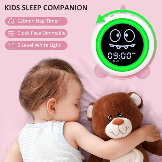 H-chin Kids Alarm Clock, Sleep Trainer for Children with Night Light, Sound Machine, Alarm Clock with Wake-Up Time for Toddlers (Pink)
