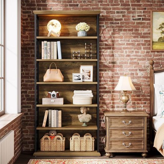 6 Tier Vintage Industrial Bookcase 185 cm High Standing Shelf Wood, Open Display Shelf with Metal Frame