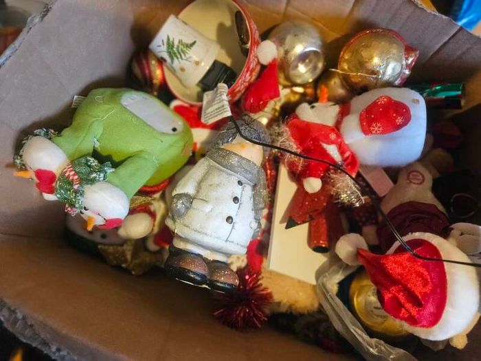 Box of Lovely Christmas Decorations and Santa Globe Lantern