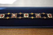 Vintage Bracelet Decorated with Faux Turquoise and Crystals on Bronze