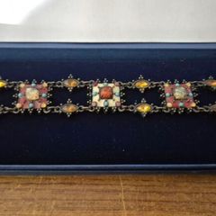 Vintage Bracelet Decorated with Faux Turquoise and Crystals on Bronze