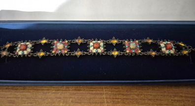 Vintage Bracelet Decorated with Faux Turquoise and Crystals on Bronze