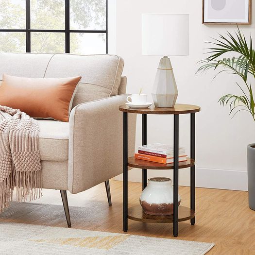 _Round 3 Tier Steel Side Table Easy Assembly for Living Room Bedroom Industrial Style Vintage Brown Black