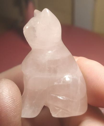 Carved Cat Figurine in Rose Quartz Stone