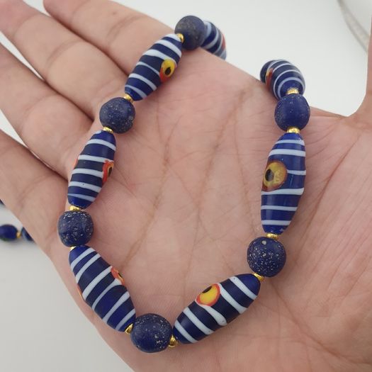 Antique Venetian African Style Stripe Eyes & Blue Glass Beads Necklace
