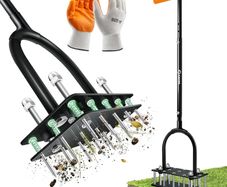 Lawn Aerator Tool, Lawn Aerator with 15 Iron Spikes, Automatic Leaf and Dirt Cleaning with Spring-Loaded Design, Metal Manual Aerator for Loosening Soil Aerating Patio, Yard, Garden