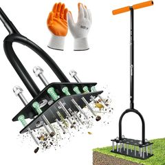 Lawn Aerator Tool, Lawn Aerator with 15 Iron Spikes, Automatic Leaf and Dirt Cleaning with Spring-Loaded Design, Metal Manual Aerator for Loosening Soil Aerating Patio, Yard, Garden