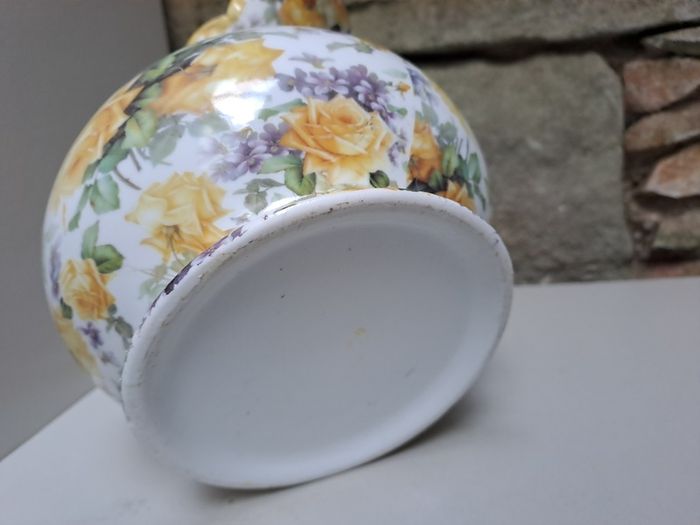Vintage yellow roses and purple flowers jug