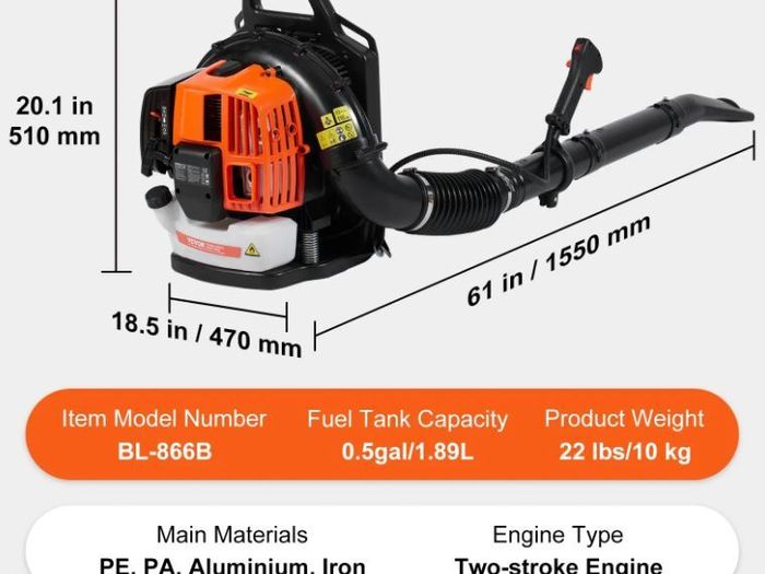 Backpack Leaf Blower, 63CC 2-Cycle Gas Leaf Blower with 1.89L Fuel Tank, 1110CFM Air Volume 220MPH Speed, Ideal for Lawn Care, Leaf Cleaning, and Snow Removal