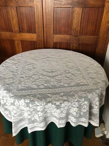 Circular Green Tablecloth with white lace overlay