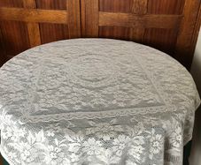 Circular Green Tablecloth with white lace overlay